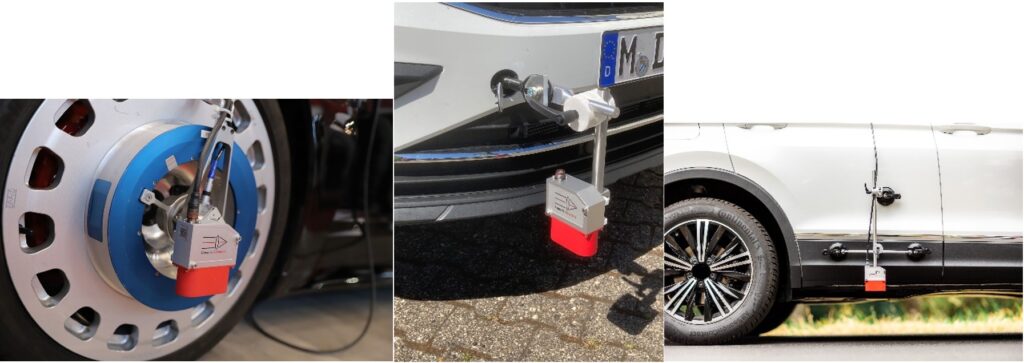 Bild zeigt die Sensormontage am Messrad, an der Abschleppöse und am Chassis
